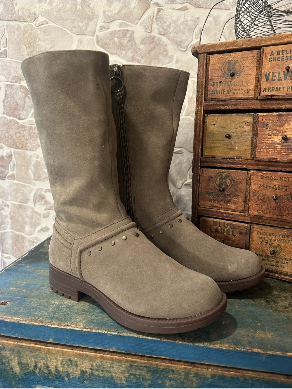 Revitalign Kennedy Suede Rivet Water Resistant Boots Taupe 5.5